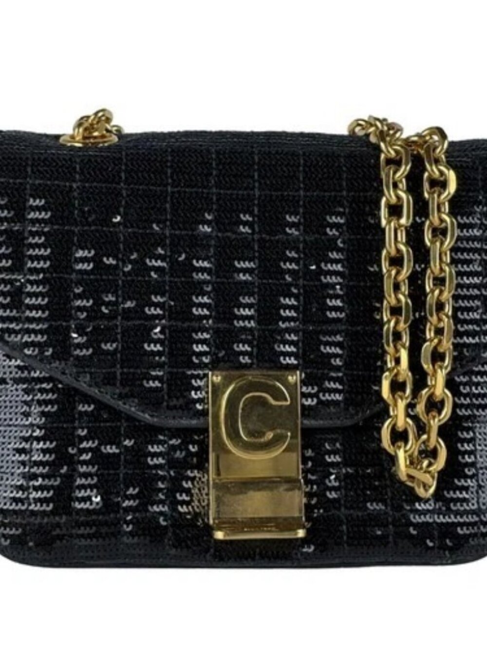Auth CELINE Chain Shoulder Bag Black/Gold Sequin/Metal - z10839